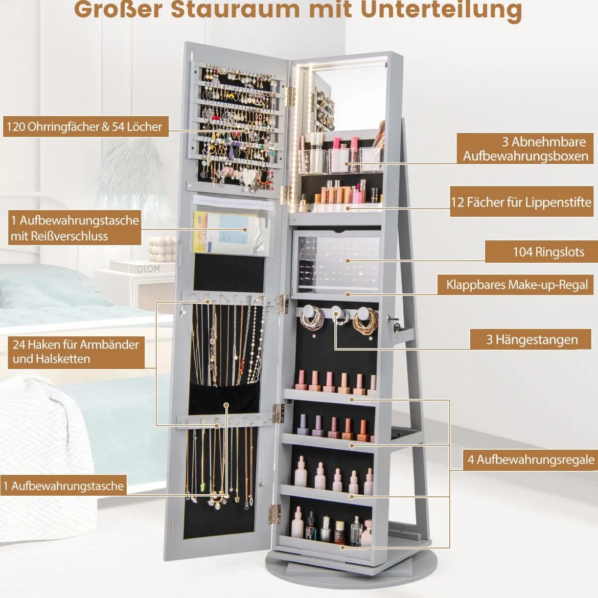 360° Drehbarer Schmuckschrank mit Dreifarbigen LED-Leuchten Freistehender Spiegelschrank