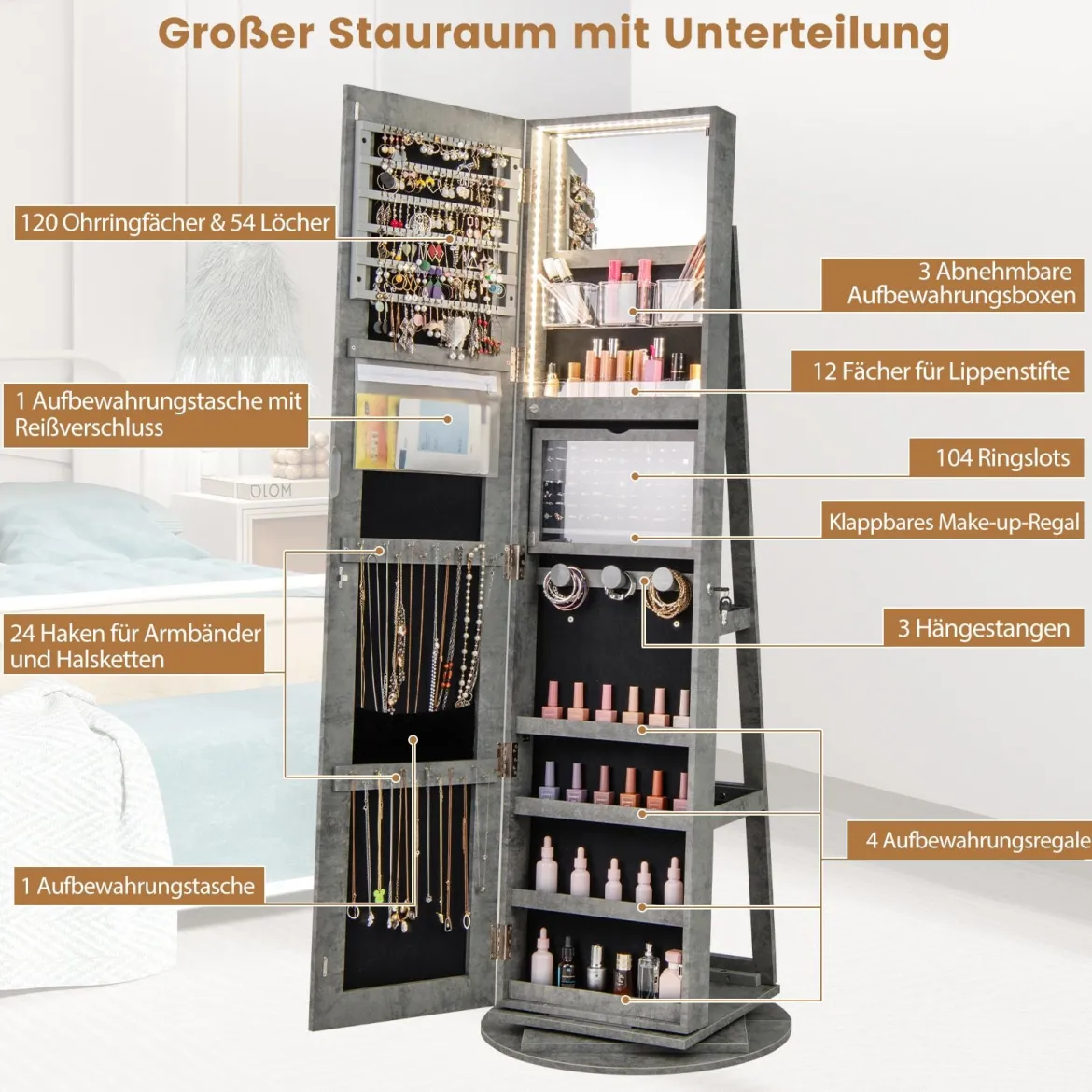 360° Drehbarer Schmuckschrank mit Dreifarbigen LED-Leuchten Freistehender Spiegelschrank