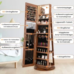 360° Drehbarer Schmuckschrank mit Dreifarbigen LED-Leuchten Freistehender Spiegelschrank