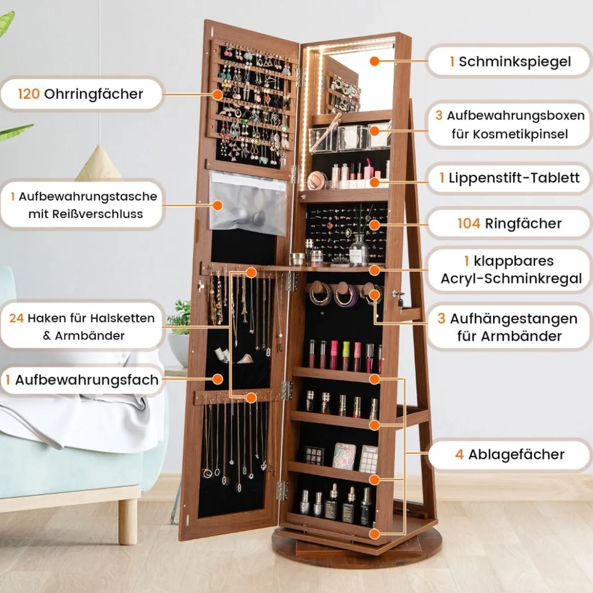 360° Drehbarer Schmuckschrank mit Dreifarbigen LED-Leuchten Freistehender Spiegelschrank