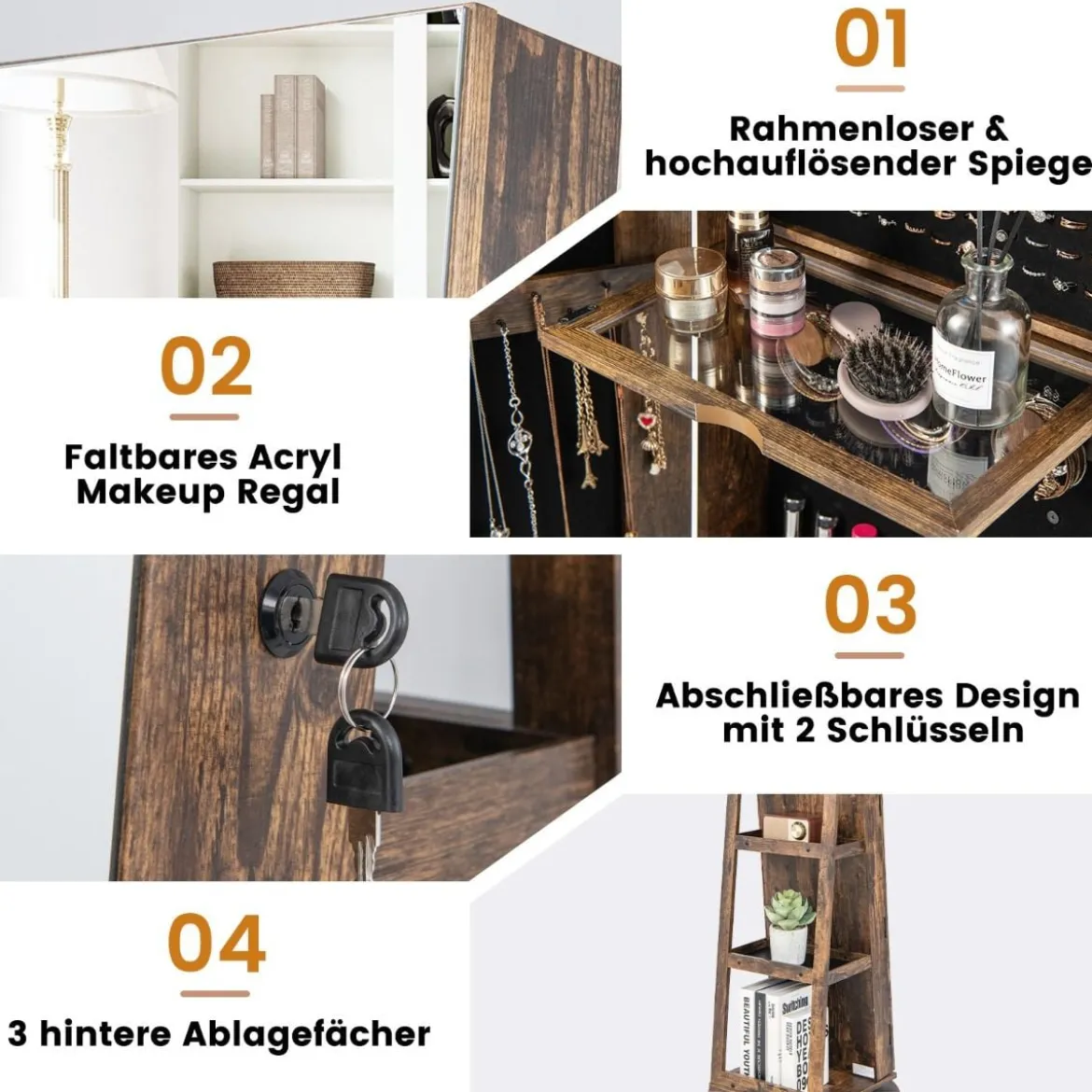 360° Drehbarer Schmuckschrank mit Dreifarbigen LED-Leuchten Freistehender Spiegelschrank