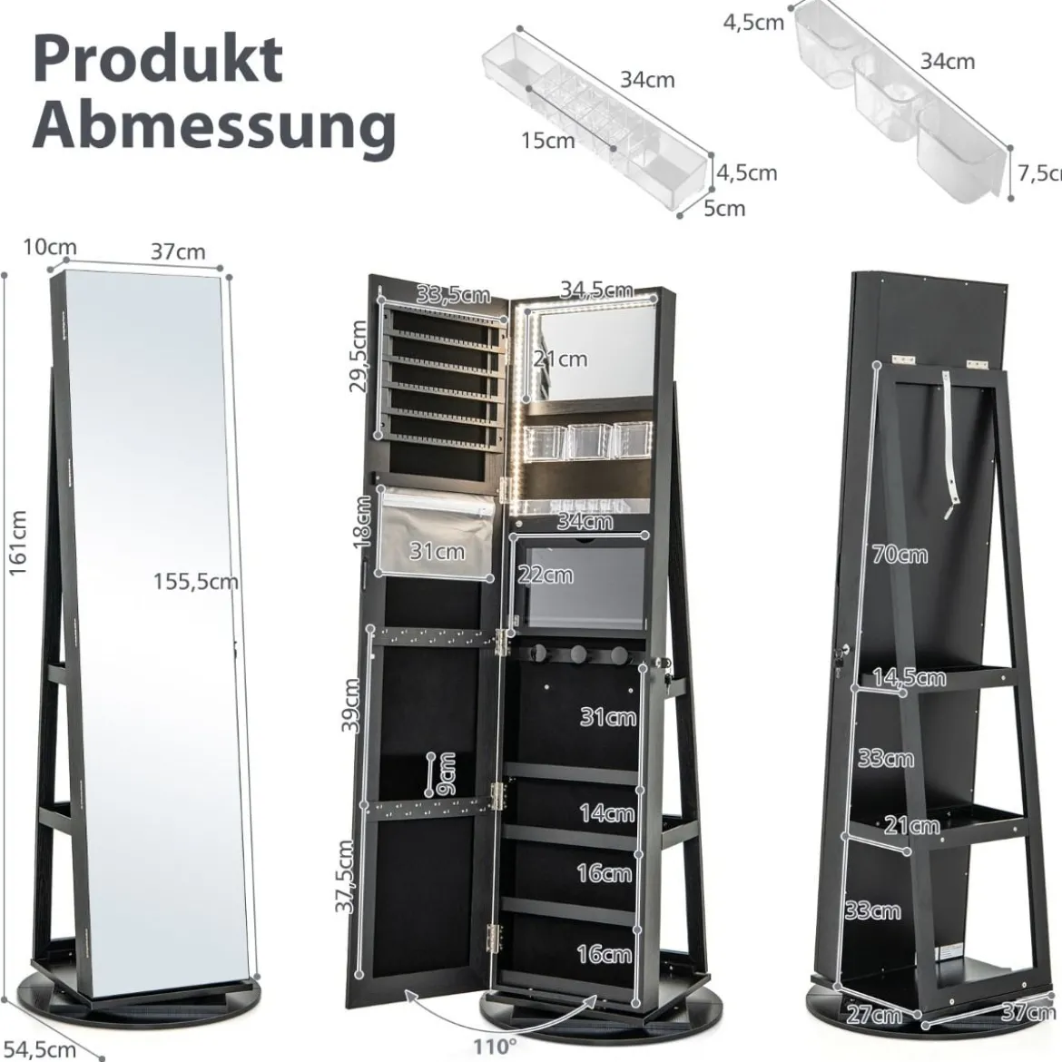 360° Drehbarer Schmuckschrank mit Dreifarbigen LED-Leuchten Freistehender Spiegelschrank
