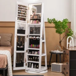 360° Drehbarer Schmuckschrank mit Dreifarbigen LED-Leuchten Freistehender Spiegelschrank
