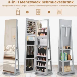 360° Drehbarer Schmuckschrank mit Dreifarbigen LED-Leuchten Freistehender Spiegelschrank