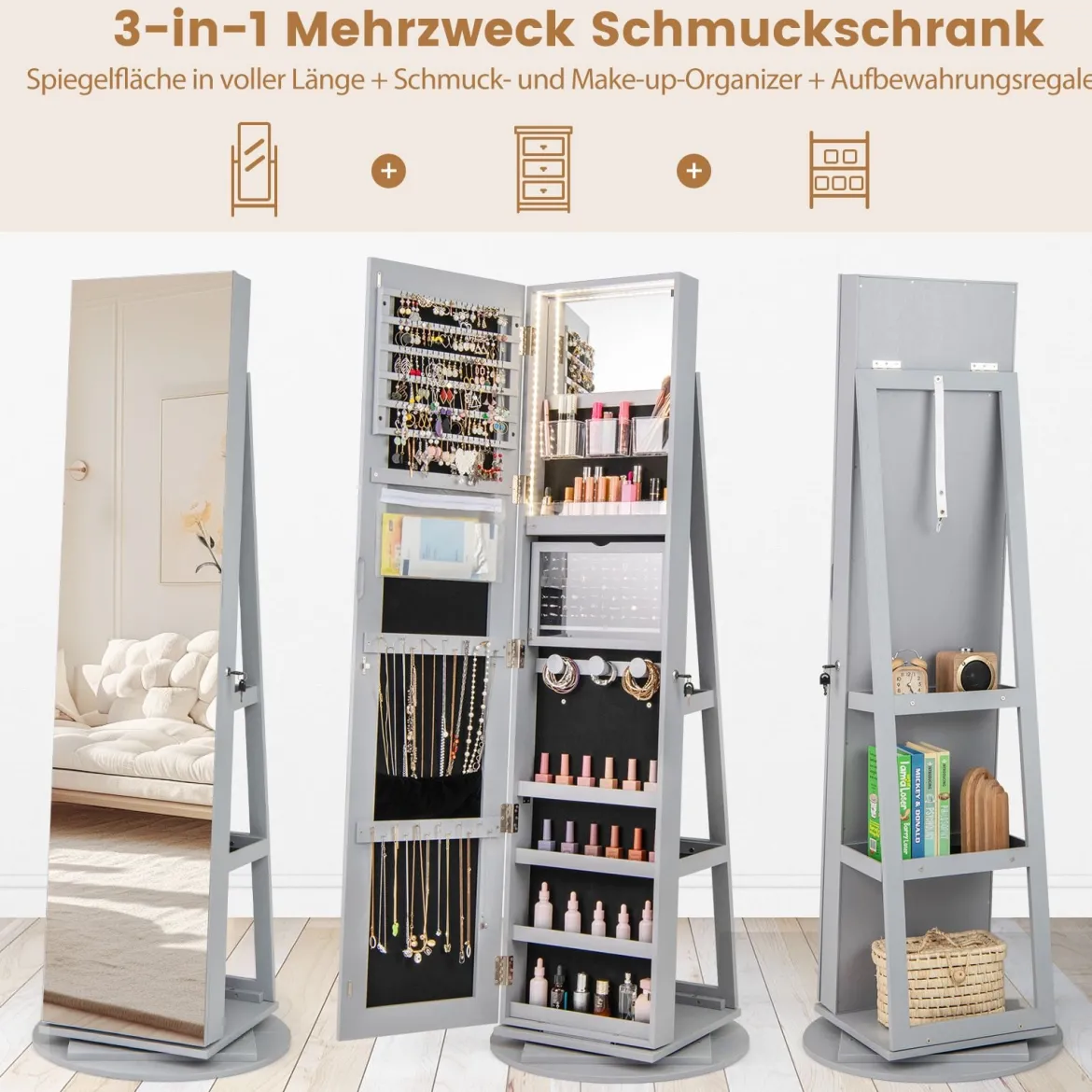 360° Drehbarer Schmuckschrank mit Dreifarbigen LED-Leuchten Freistehender Spiegelschrank