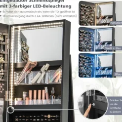 360° Drehbarer Schmuckschrank mit Dreifarbigen LED-Leuchten Freistehender Spiegelschrank