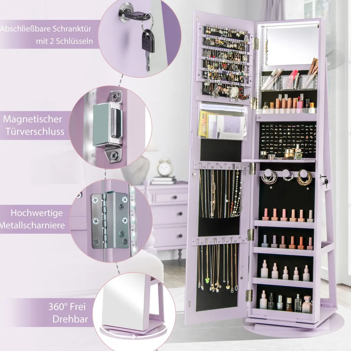 360° Drehbarer Schmuckschrank mit Dreifarbigen LED-Leuchten Freistehender Spiegelschrank