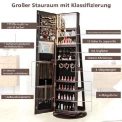 360° Drehbarer Schmuckschrank mit Dreifarbigen LED-Leuchten Freistehender Spiegelschrank