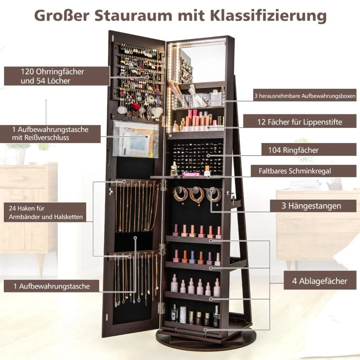 360° Drehbarer Schmuckschrank mit Dreifarbigen LED-Leuchten Freistehender Spiegelschrank