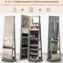 360° Drehbarer Schmuckschrank mit Dreifarbigen LED-Leuchten Freistehender Spiegelschrank