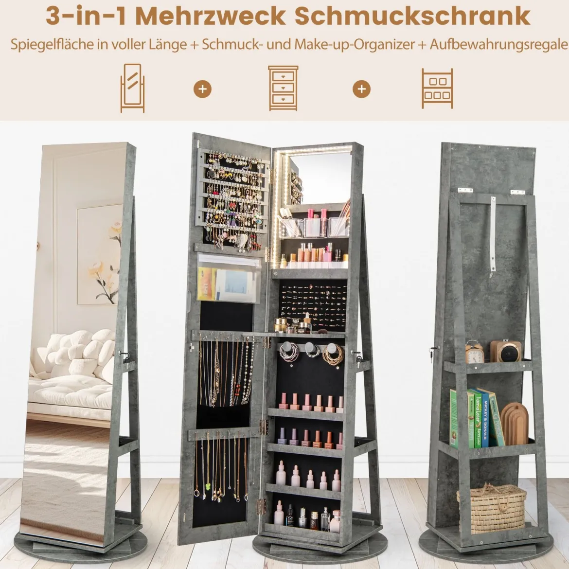 360° Drehbarer Schmuckschrank mit Dreifarbigen LED-Leuchten Freistehender Spiegelschrank