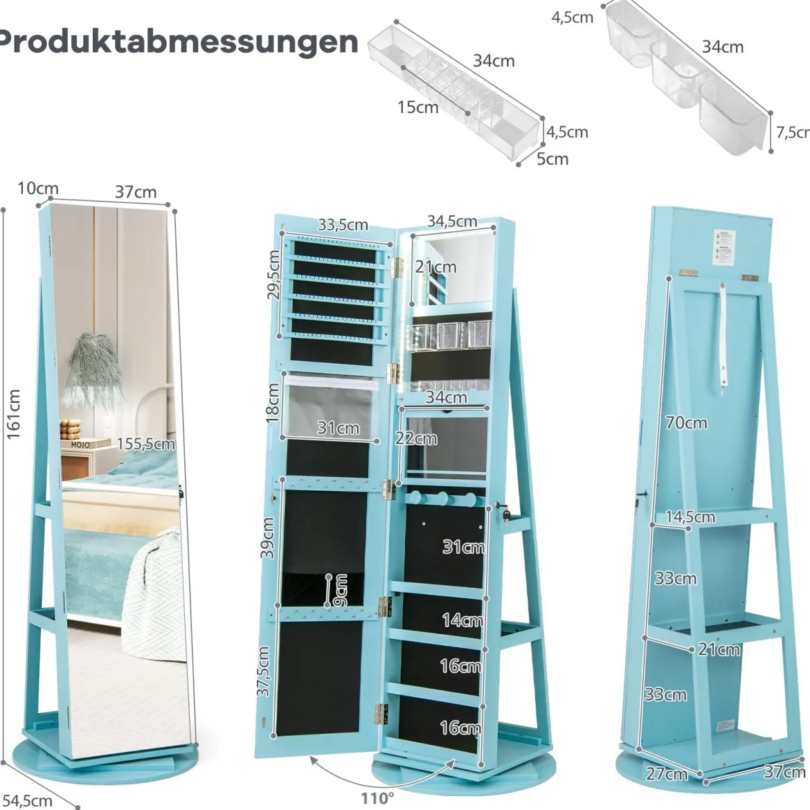 360° Drehbarer Schmuckschrank mit Dreifarbigen LED-Leuchten Freistehender Spiegelschrank