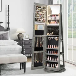 360° Drehbarer Schmuckschrank mit Dreifarbigen LED-Leuchten Freistehender Spiegelschrank
