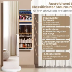 360° Drehbarer Schmuckschrank mit Spiegel & LED-Leuchten Freistehender Spiegelschrank