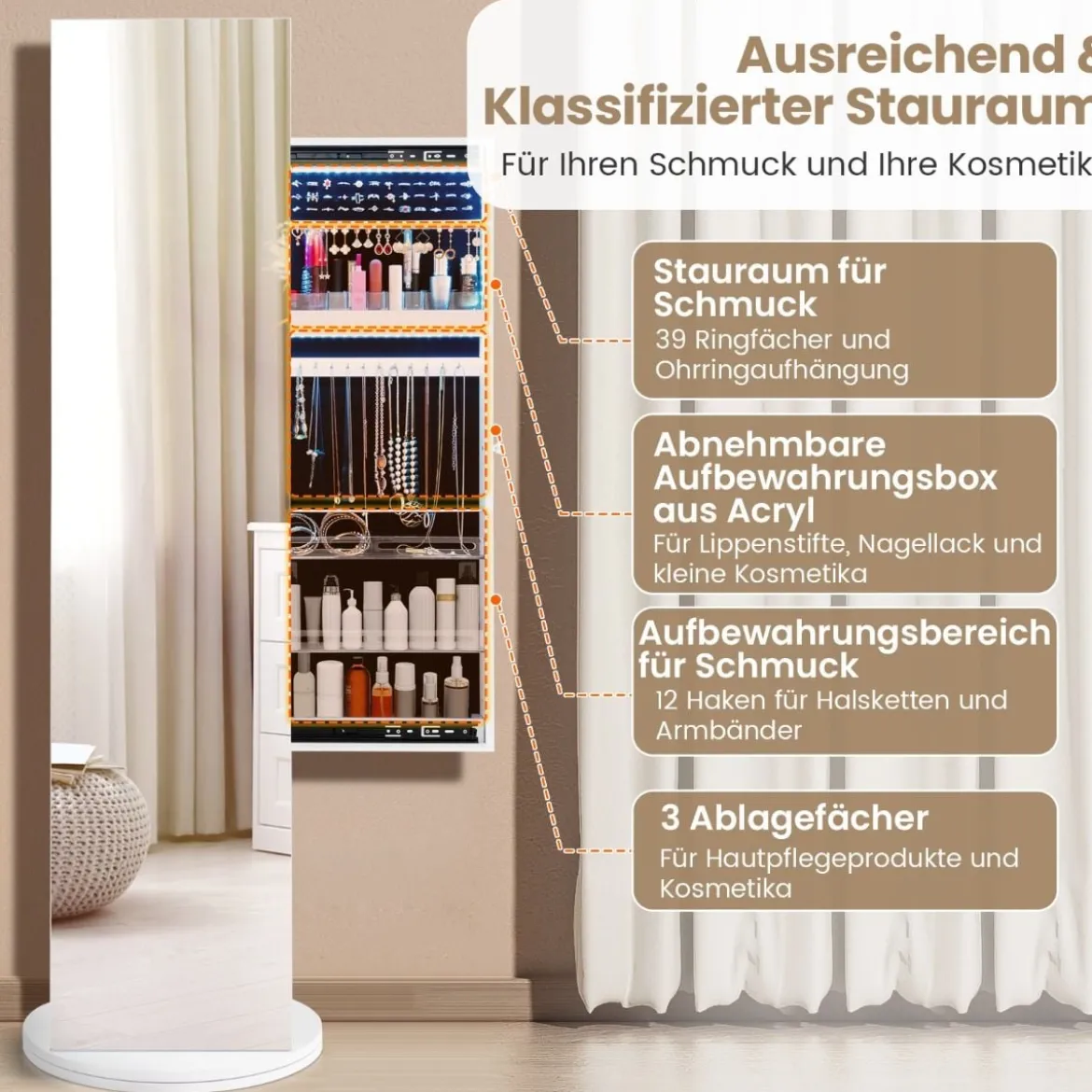 360° Drehbarer Schmuckschrank mit Spiegel & LED-Leuchten Freistehender Spiegelschrank