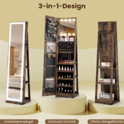 360° Drehbarer Schmuckschrank mit Beleuchtung & Spiegel Spiegelschrank Standspiegel Braun