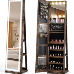 360° Drehbarer Schmuckschrank mit Beleuchtung & Spiegel Spiegelschrank Standspiegel Braun