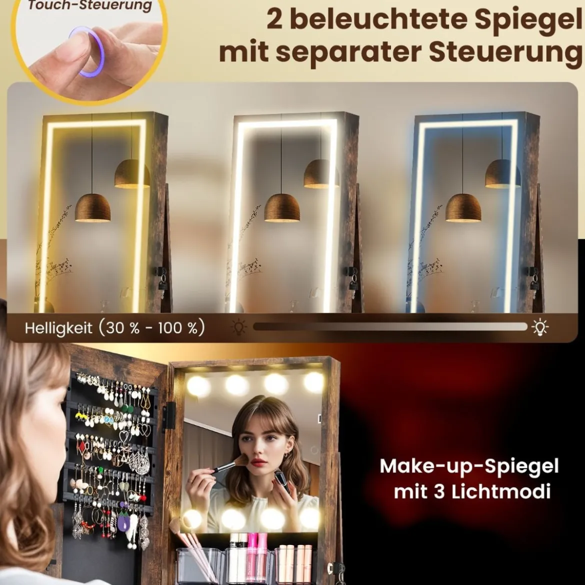 360° Drehbarer Schmuckschrank mit Beleuchtung & Spiegel Spiegelschrank Standspiegel Braun