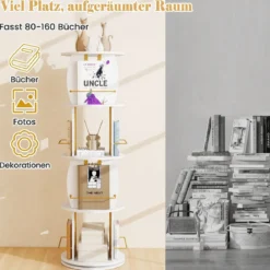 Drehbares Bücherregal Holz mit Rotierendem Sockel & Schutzgeländer 40 x 40 x 128,5 cm Weiß