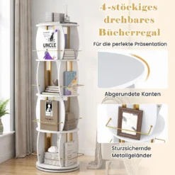 Drehbares Bücherregal Holz mit Rotierendem Sockel & Schutzgeländer 40 x 40 x 128,5 cm Weiß