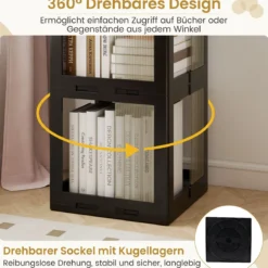 360° Drehbares Bücherregal Klappbares Standregal Transparenter Büroregal 36,5 x 36 x 174 cm Schwarz