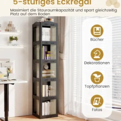360° Drehbares Bücherregal Klappbares Standregal Transparenter Büroregal 36,5 x 36 x 174 cm Schwarz