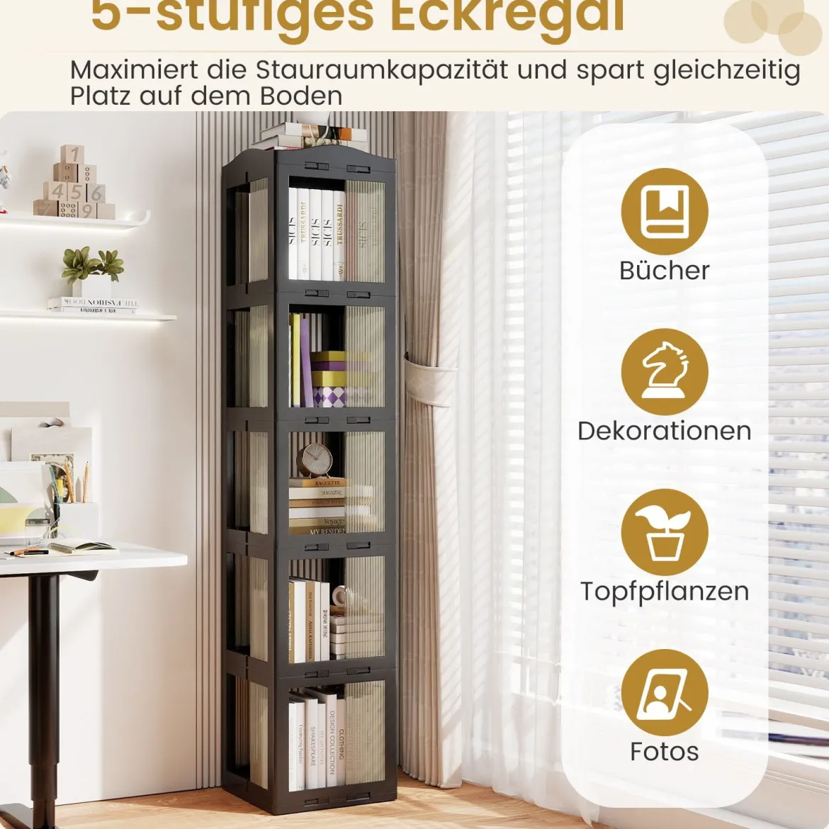 360° Drehbares Bücherregal Klappbares Standregal Transparenter Büroregal 36,5 x 36 x 174 cm Schwarz