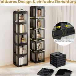 360° Drehbares Bücherregal Klappbares Standregal Transparenter Büroregal 36,5 x 36 x 174 cm Schwarz