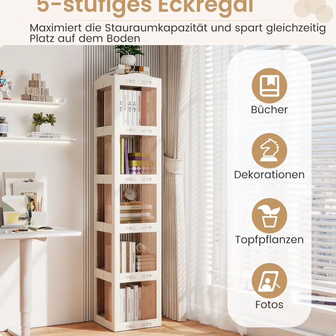 360° Drehbares Bücherregal Klappbares Standregal Transparenter Büroregal 36,5 x 36 x 174 cm Weiß