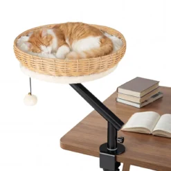 360° Drehbares Katzenbett für Schreibtisch mit Abnehmbarem Plüschkissen & Hängeball Katzen Schreibtischbett