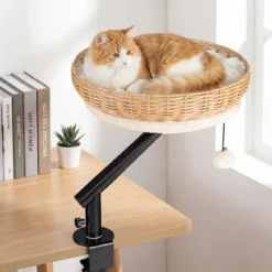 360° Drehbares Katzenbett für Schreibtisch mit Abnehmbarem Plüschkissen & Hängeball Katzen Schreibtischbett