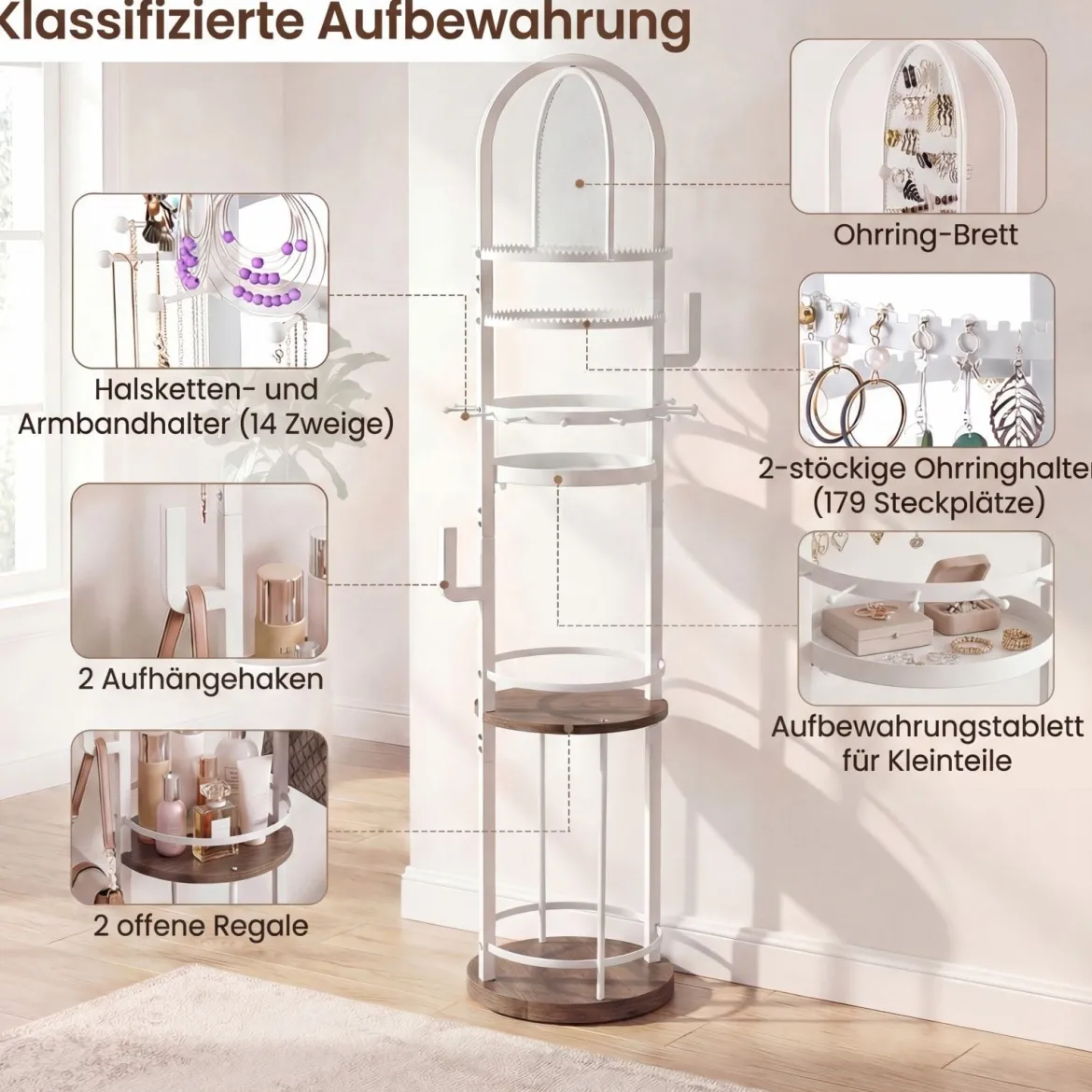 360° Drehbares Schmuckständer mit Ohrring- & Halskettenhaltern & 3 Regalen & Kettenständer Weiß + Grau