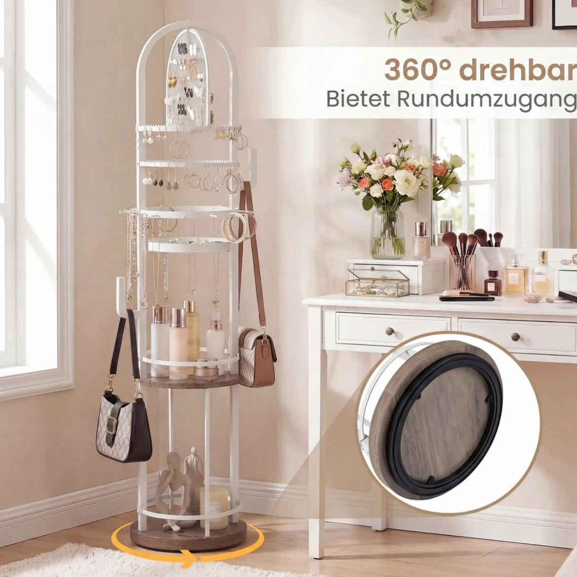 360° Drehbares Schmuckständer mit Ohrring- & Halskettenhaltern & 3 Regalen & Kettenständer Weiß + Grau