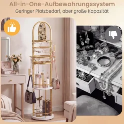 360° Drehbares Schmuckständer mit Ohrring- & Halskettenhaltern & 3 Regalen & Kettenständer Gold + Weiß