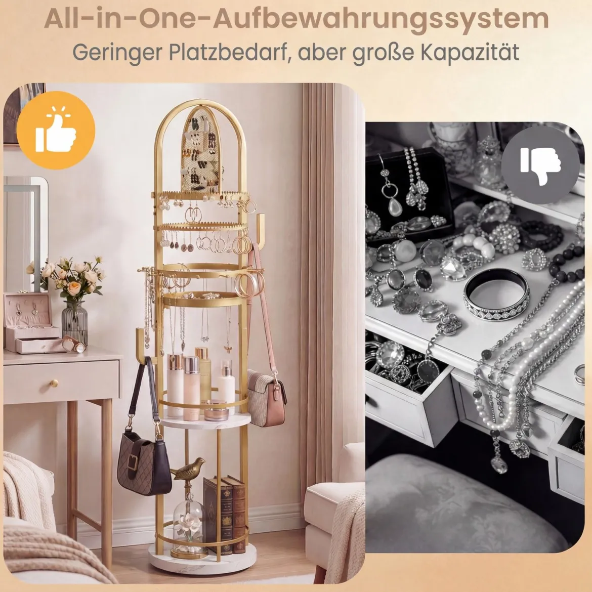 360° Drehbares Schmuckständer mit Ohrring- & Halskettenhaltern & 3 Regalen & Kettenständer Gold + Weiß