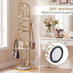 360° Drehbares Schmuckständer mit Ohrring- & Halskettenhaltern & 3 Regalen & Kettenständer Gold + Weiß