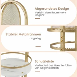 360° Drehbares Schmuckständer mit Ohrring- & Halskettenhaltern & 3 Regalen & Kettenständer Gold + Weiß