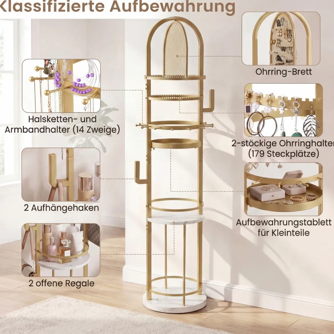 360° Drehbares Schmuckständer mit Ohrring- & Halskettenhaltern & 3 Regalen & Kettenständer Gold + Weiß