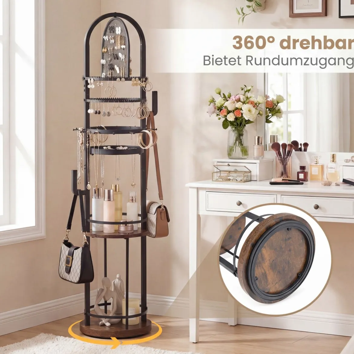 360° Drehbares Schmuckständer mit Ohrring- & Halskettenhaltern & 3 Regalen & Kettenständer Schwarz + Braun