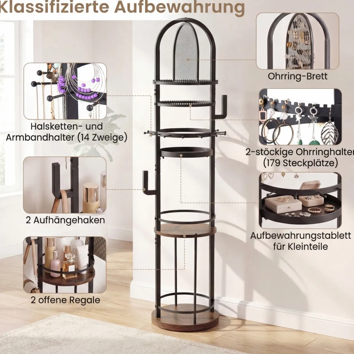 360° Drehbares Schmuckständer mit Ohrring- & Halskettenhaltern & 3 Regalen & Kettenständer Schwarz + Braun