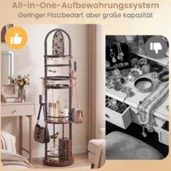 360° Drehbares Schmuckständer mit Ohrring- & Halskettenhaltern & 3 Regalen & Kettenständer Schwarz + Braun