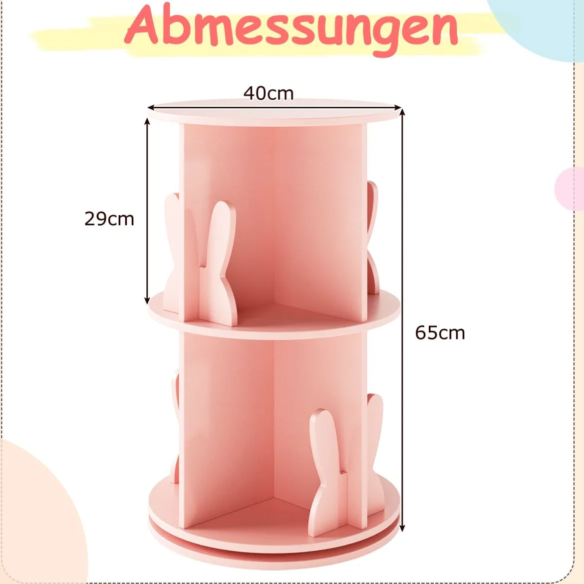 Drehrbares Bücherregal Kinder Kinderregal mit 2 Ebenen & Hasen-Trennwänden 40 x 40 x 65cm Rosa