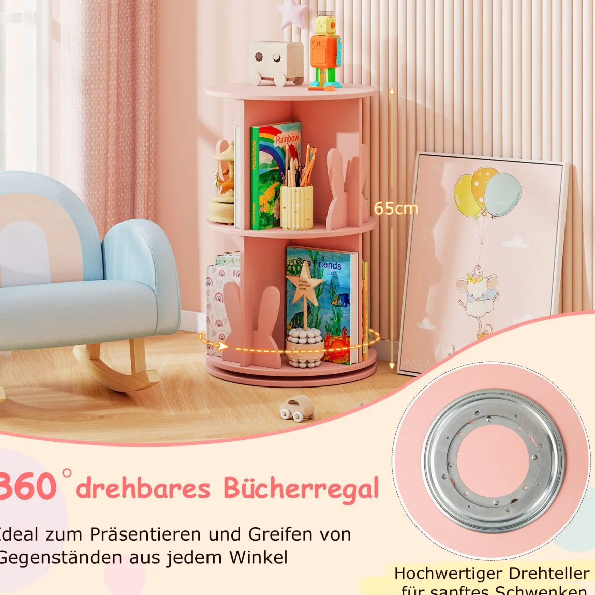 Drehrbares Bücherregal Kinder Kinderregal mit 2 Ebenen & Hasen-Trennwänden 40 x 40 x 65cm Rosa