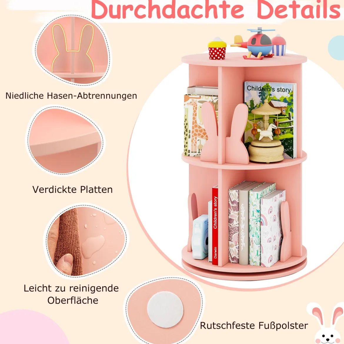Drehrbares Bücherregal Kinder Kinderregal mit 2 Ebenen & Hasen-Trennwänden 40 x 40 x 65cm Rosa