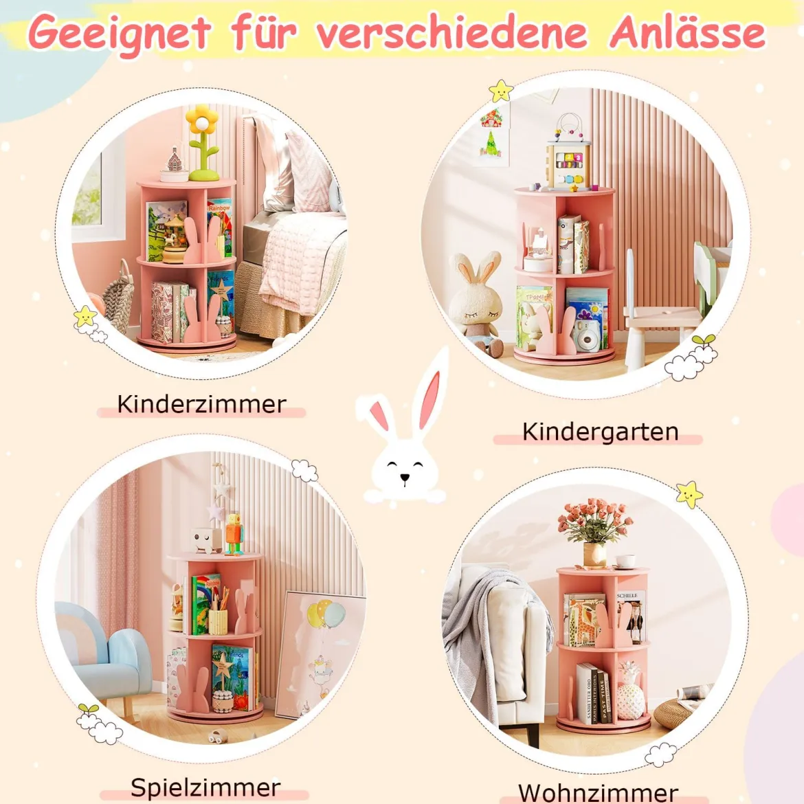 Drehrbares Bücherregal Kinder Kinderregal mit 2 Ebenen & Hasen-Trennwänden 40 x 40 x 65cm Rosa