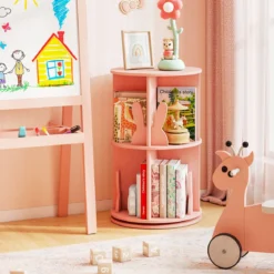 Drehrbares Bücherregal Kinder Kinderregal mit 2 Ebenen & Hasen-Trennwänden 40 x 40 x 65cm Rosa