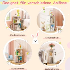 Drehrbares Bücherregal Kinder Kinderregal mit 2 Ebenen & Hasen-Trennwänden 360 Grad 40 x 40 x 65cm Weiß