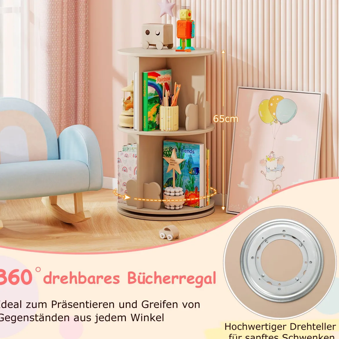 Drehrbares Bücherregal Kinder Kinderregal mit 2 Ebenen & Hasen-Trennwänden 360 Grad 40 x 40 x 65cm Kaffee