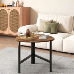 Dreieckiger Couchtisch mit Metallbeinen Ovaler Kaffeetisch Industrieller Beistelltisch Rustikalbraun