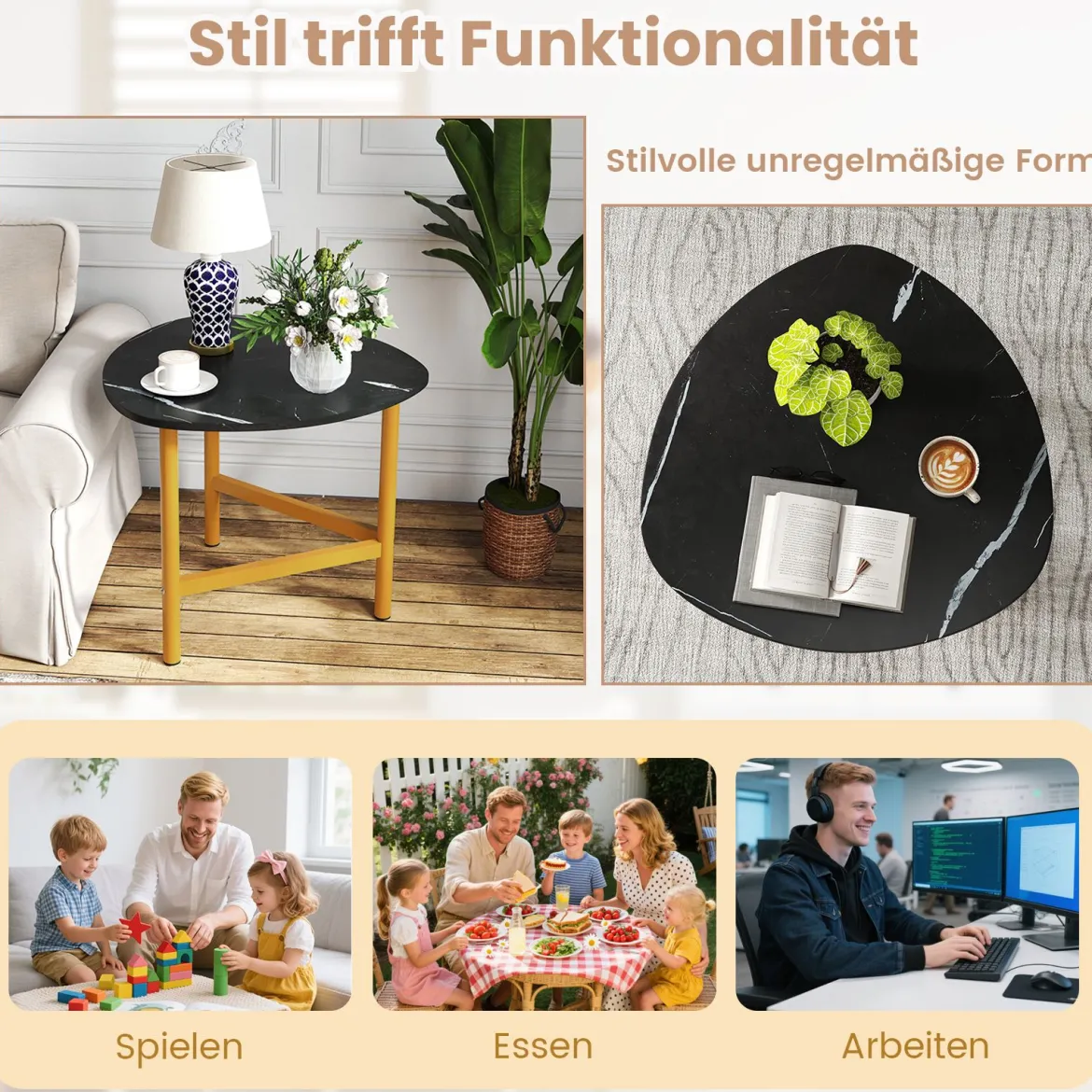 Dreieckiger Couchtisch Ovaler Kaffeetisch Mit Metallbeinen Holzakzent Rustikales Braun & Schwarz